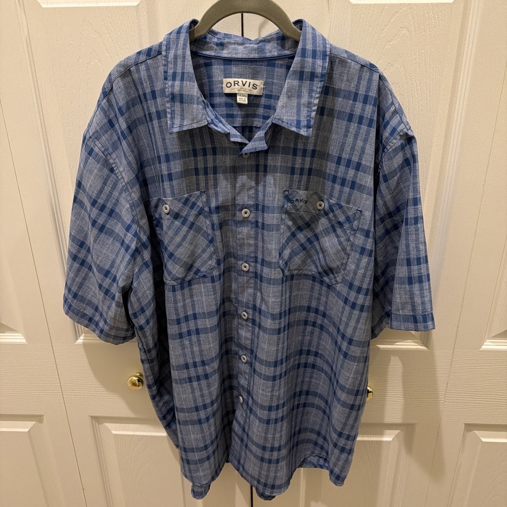 Orvis MEN Short Sleeve Tech Woven Shirt Blue Size  XXL Button Fish Hike Camp